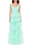 BETSY & ADAM TIERED RUFFLE TULLE GOWN