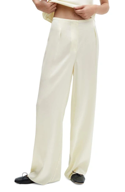 Mango Flowy Wide Leg Satin Pants In Off White