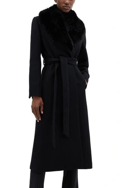 Mango Wool Blend Coat With Removable Faux Fur Collar In Black