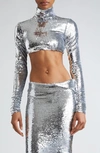 LAQUAN SMITH SEQUIN MOCK NECK CROP TOP