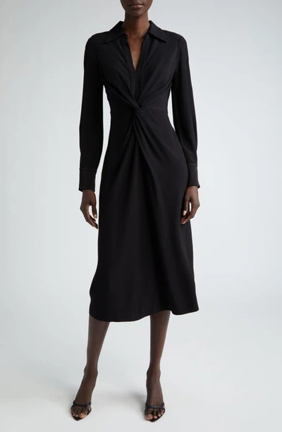 St. John Knot-waist Long-sleeve Satin Crepe Midi Shirtdress In Black