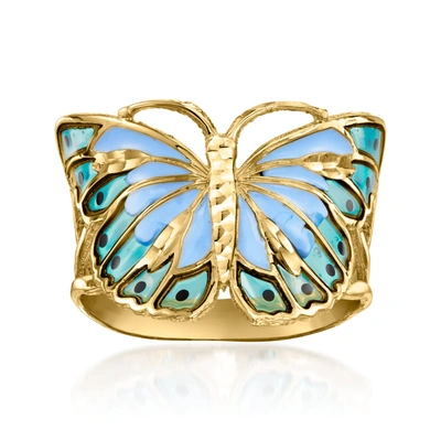 Ross-simons Italian Tonal Blue And Black Enamel Butterfly Ring In 14kt Yellow Gold