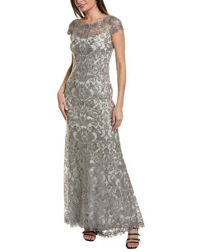 Tadashi Shoji Embroidered Gown In Silver