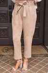Dolce Cabo Faux Suede Paper Bag Waist Pant With Tie In Camel In Brown