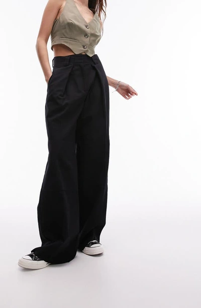 Topshop Darted Hem Detail Tailored Straight Leg Trousers In Black