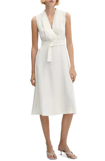Mango Sleeveless Belted Linen Dress In Off White