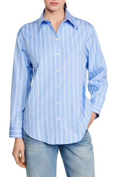 Sandro Davie Stripe Lace Accent Open Back Cotton Button-up Shirt In Blue White