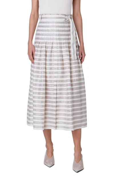 Akris Punto Linen Blend Kodak Striped Midi Skirt With Belt In Flax Cream