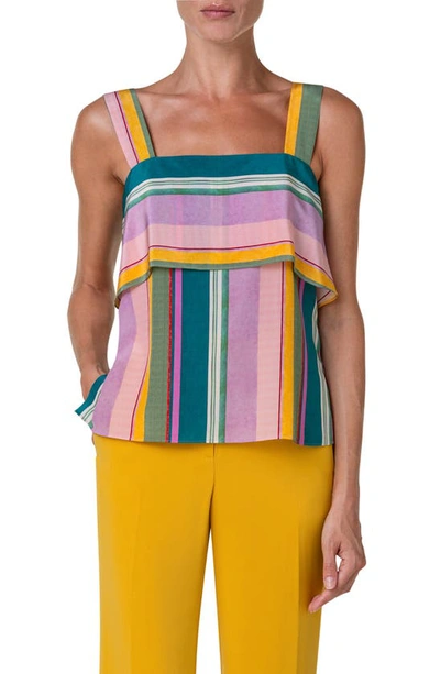 AKRIS PUNTO STRIPE SLEEVELESS SQUARE NECK SILK TOP