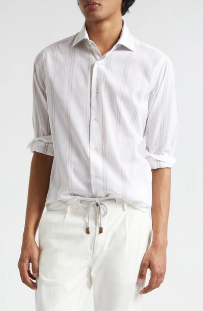 Eleventy Double Stripe Cotton & Linen Button-up Shirt In White And Beige