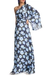 Sachin & Babi Keely Floral One-shoulder Long Sleeve Gown In Ocean Blue Magnolia