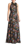 Sachin & Babi Kayla Floral Crinkle Georgette Gown In Noir Wildflower
