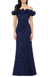 XSCAPE RUFFLE OFF THE SHOULDER BROCADE GOWN