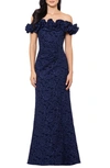Xscape Ruffle Sleeve Off The Shoulder Scuba Crepe Sheath Gown In Navy