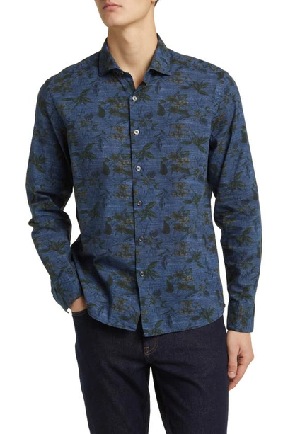 Robert Barakett Lexington Floral Print Denim Button-up Shirt In Navy