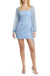 Jump Apparel Metallic Drape Front Long Sleeve Minidress In Light Blue