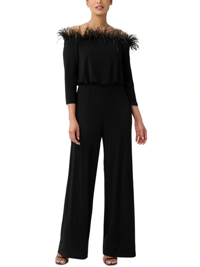 Adrianna Papell Womens Feather-trim Off-the-shoulder Jumpsuit In Black