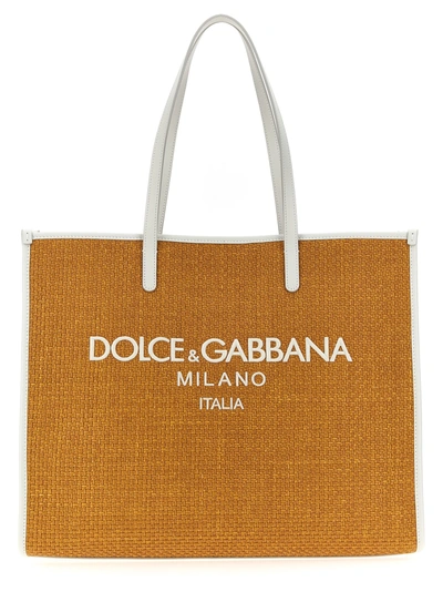 Dolce & Gabbana Large Shopping Bag With Logo Embroidery Tote Bag Beige In Black