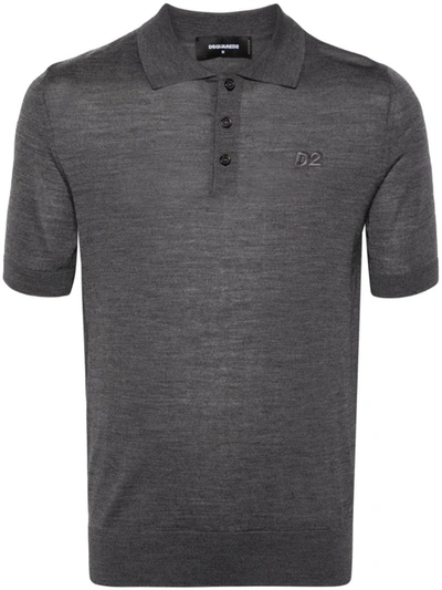 Dsquared2 Logo-embroidered Fine-knit Polo Shirt In Grey
