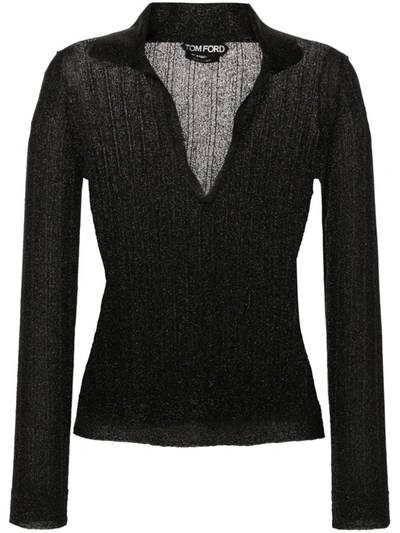 Tom Ford Metallic-threading Knitted Polo Shirt In Black