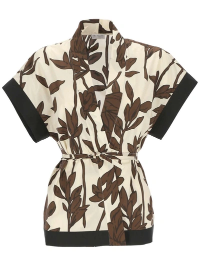 Brunello Cucinelli Leaf-print Cotton Blouse In Multi