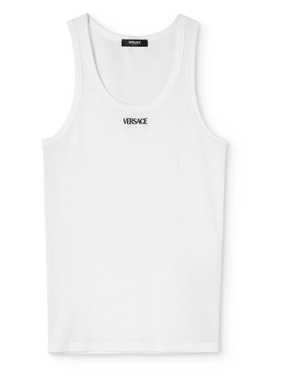 Versace Logo-embroidered Ribbed Tank Top In White