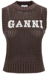 Ganni Intarsia-knit Logo Organic-cotton Blend Vest In Brown