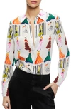 ALICE AND OLIVIA WILLA STACK FACE PRINT SILK BUTTON-UP SHIRT