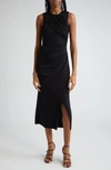 Cinq À Sept Wesson Draped Jersey Sleeveless Slit Midi Dress In Black