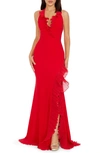 DRESS THE POPULATION KATHLEEN RUFFLE HALTER GOWN WITH TRAIN