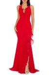 Dress The Population Kathleen Ruffle Halter Gown With Train In Rouge