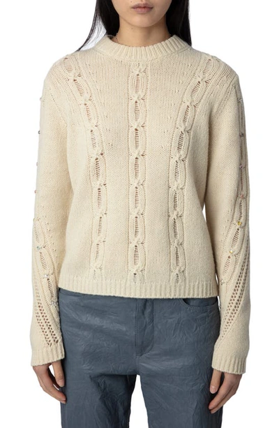 Zadig & Voltaire Morley Embellished Cable-knit Sweater In Vanille