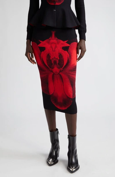 Alexander Mcqueen Floral-jacquard Knitted Midi Skirt In Black,red