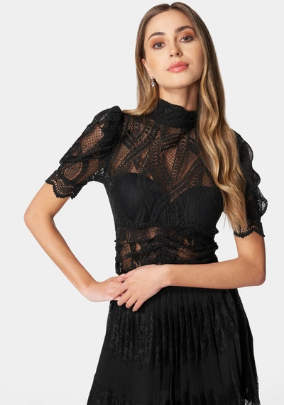 Bebe Puff Sleeve Ruched Waist Lace Top In Black
