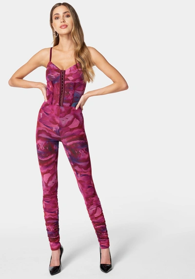 Bebe Printed Sleeveless Mesh Corset Jumpsuit In Aquarelle Floral Print