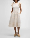 Ulla Johnson Tiered Ruffle Poplin Midi Dress In Blanc