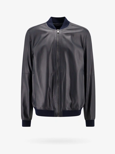 Corneliani Leather Bomber Jacket In Blue