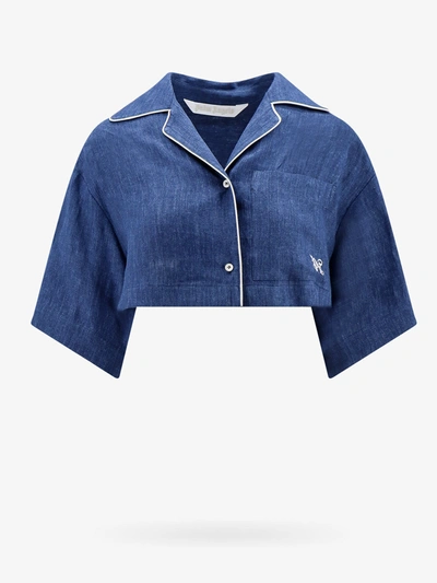 Palm Angels Blue Cropped Shirt With Embroidered Logo In Linen Woman