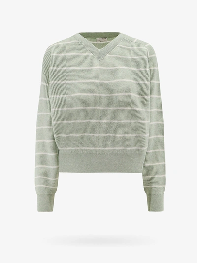 Brunello Cucinelli Wool-cotton Striped Sweater In Green
