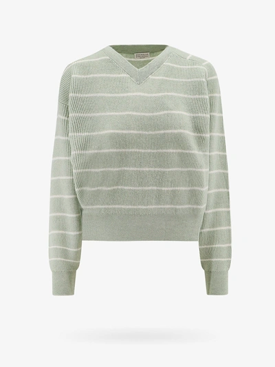 Brunello Cucinelli Wool-cotton Striped Jumper In Green