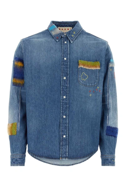 Marni Denim Shirt, Embroidery And Patches Shirt, Blouse Blue In Azul