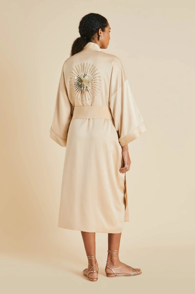 Olivia Von Halle Sabine Celestine Caramel Embellished Sandwashed Silk Dressing Gown In Neutral