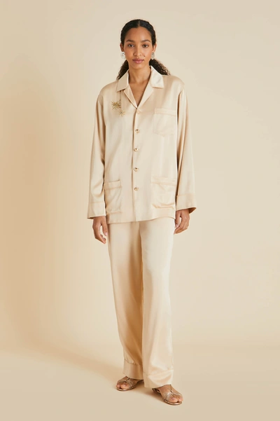 Olivia Von Halle Yves Celestine Caramel Embellished Sandwashed Silk Pyjamas