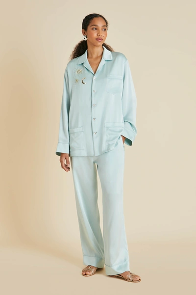 Olivia Von Halle Yves Incantation Blue Embellished Sandwashed Silk Pyjamas