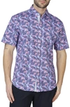 Tailorbyrd Tropical Leaves Knit Short Sleeve Shirt In Navy