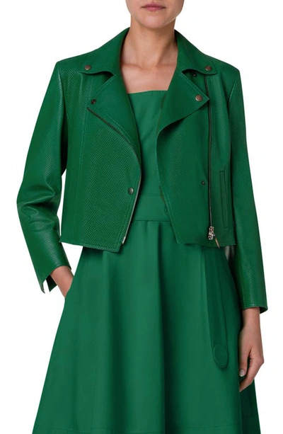 Akris Punto Perforated Nappa Leather Crop Biker Jacket In Leaf Green