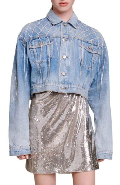 Maje Womens Bleus Belmas Rhinestone-embellished Cropped Denim Jacket