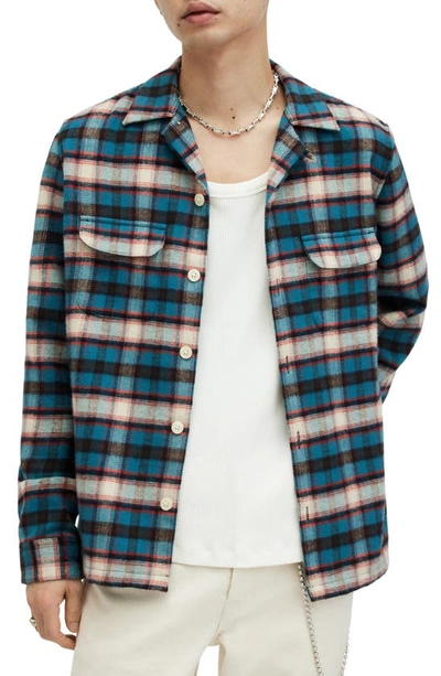 Allsaints Crayo Relaxed Fit Embroidered Flannel Shirt In Sur Blue