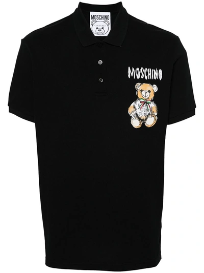 Moschino Teddy Bear Cotton Polo Shirt In Black