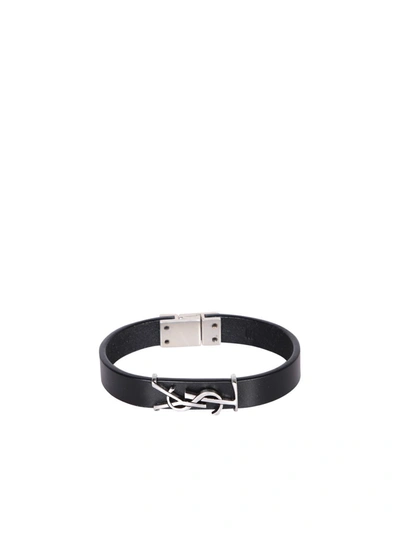 Saint Laurent Cassandre Croc-effect Leather And Silver-tone Bracelet In Black